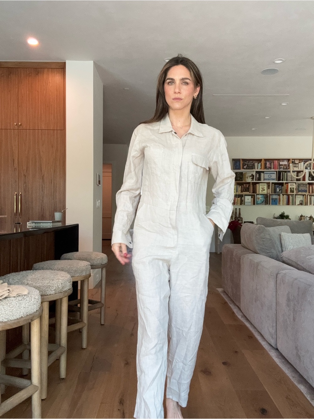 Relaxed Cream Linen Jumpsuit with Collar